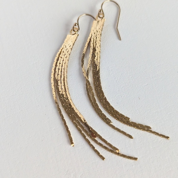 Long Gold Tassel Earrings, Shiny Cascade Fringe Earrings, Lightweight Waterfall Chain Earrings For Her