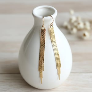 Long Gold Tassel Earrings, Dainty Fringe Dangle Earrings, Elegant Liquid Gold Chain Drops, Wedding Jewelry