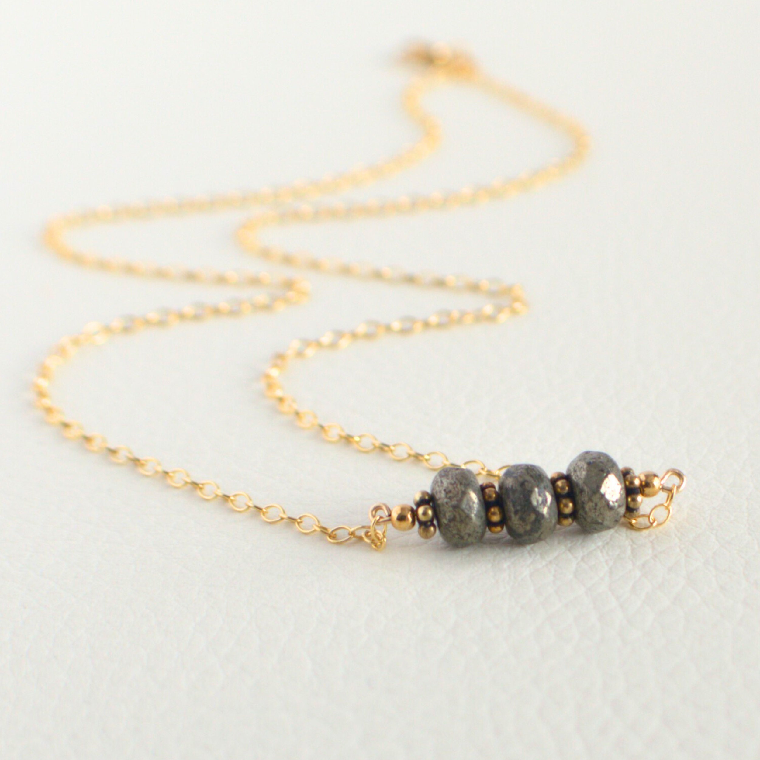 Pyrite Beaded Bar Necklace: Handmade Gemstone Jewelry, Gold-Filled or Sterling Silver