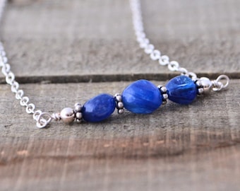 Blue Kyanite Beaded Bar Necklace, Handmade Gemstone Jewelry