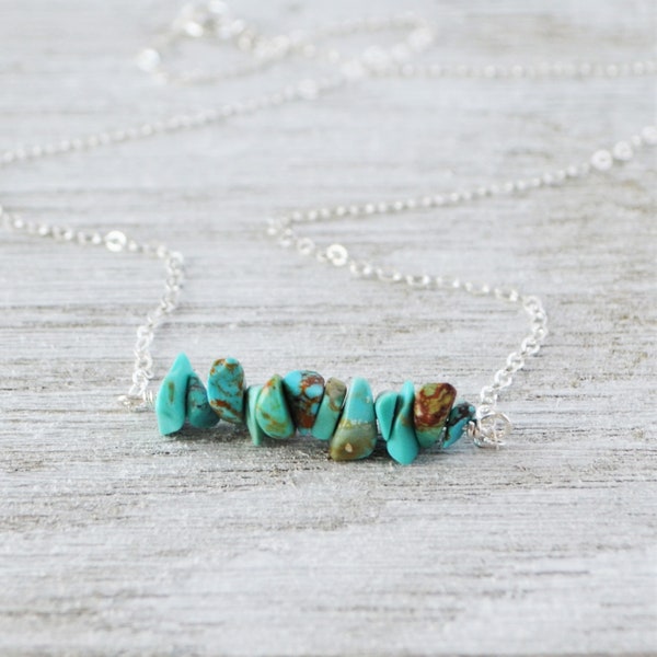 Raw Turquoise Chip Bar Necklace: Sterling Silver, December Birthstone
