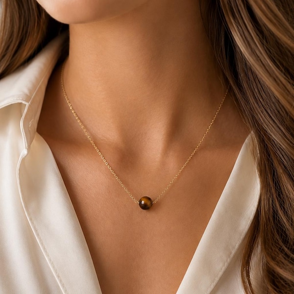 Floating Tiger Eye Necklace, Single Bead Gemstone Necklace, Minimalist Everyday Jewelry