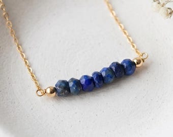 Lapis Lazuli Necklace, September Birthstone Necklace, Blue Gemstone Bar Necklace, 9th Anniversary Jewelry,  Gold Filled or Sterling Silver