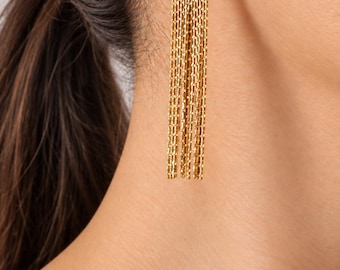 Long Gold Chain Fringe Earrings, Lightweight Tassel Earrings
