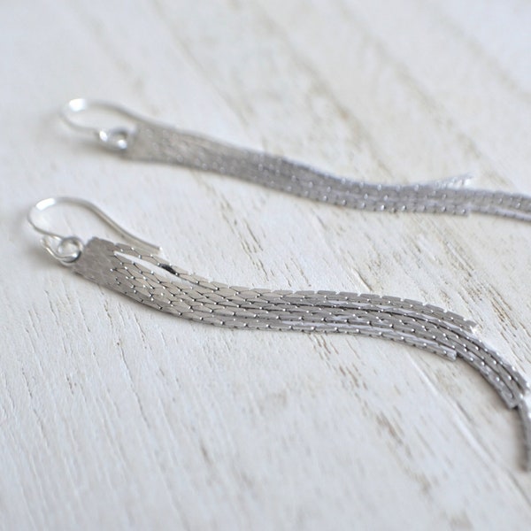 Long Silver Tassel Earrings, Shiny Cascading Fringe Earrings, Lightweight Waterfall Earrings For Her