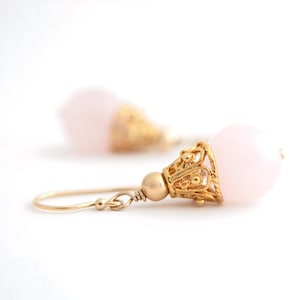 Rose Quartz Filigree Earrings In Gold, Elegant Handmade Pastel Pink Gemstone Jewelry For Women