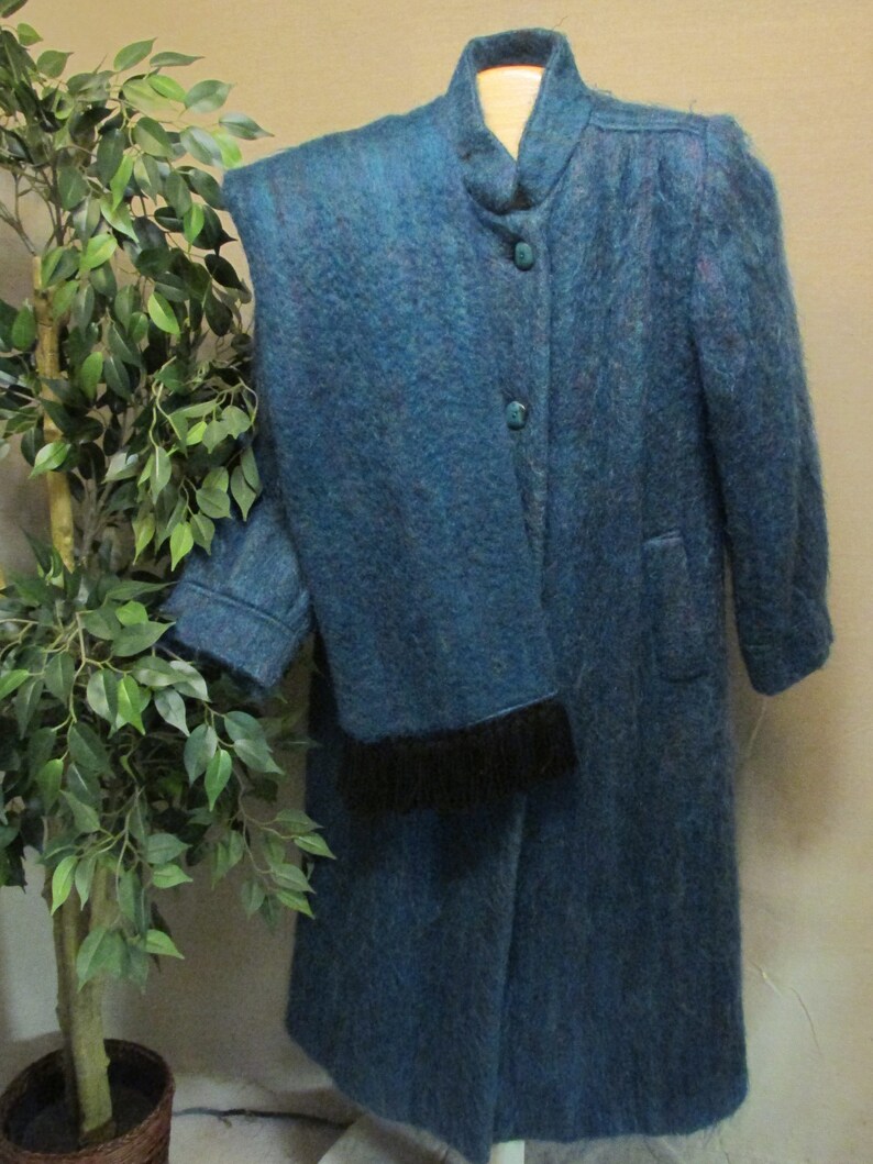 Vintage 1980/'s Paul Levy Designs Blue Mohair /& Wool Long Maxi Coat with Matching Scarf Women/'s Size ML
