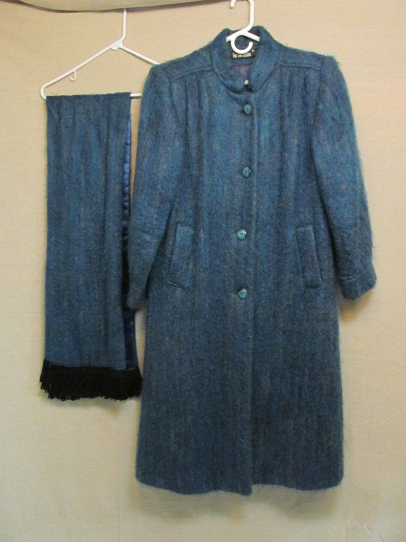 Vintage 1980/'s Paul Levy Designs Blue Mohair /& Wool Long Maxi Coat with Matching Scarf Women/'s Size ML