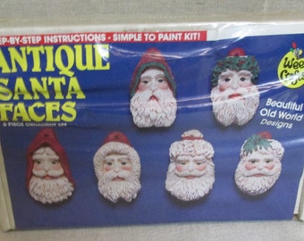 Vintage 1980's Unused Unopened WEE CRAFTS Plaster Gypsum Christmas Antique Santa Faces 6 Ornaments Paint Kit