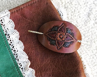 Small Leather Hair Barrette with Stick, Leather Hair Clip with Hammered Brass Stick, Western Tooled Leather Hair Clip, Boho Hair, Hair Slide