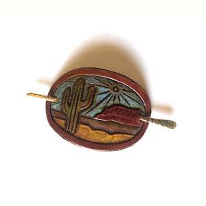 Leather Hair Barrette with Stick, Leather Hair Clip with Hammered Brass Hair Stick, Desert Landscape, Leather Hair Slide, Tooled Leather image 2