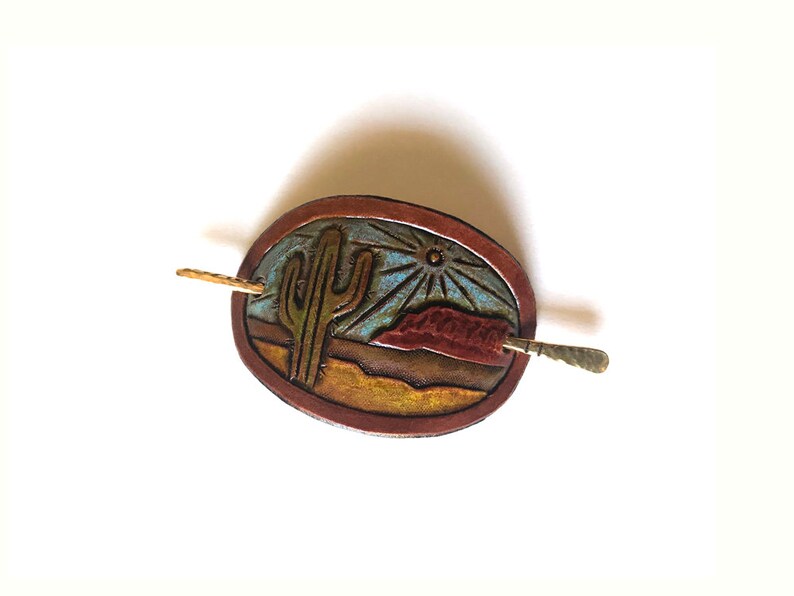 Leather Hair Barrette with Stick, Leather Hair Clip with Hammered Brass Hair Stick, Desert Landscape, Leather Hair Slide, Tooled Leather image 2