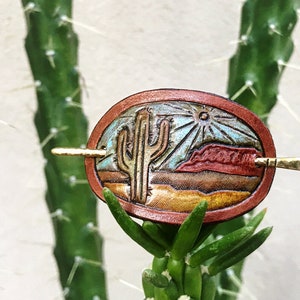 Leather Hair Barrette with Stick, Leather Hair Clip with Hammered Brass Hair Stick, Desert Landscape, Leather Hair Slide, Tooled Leather