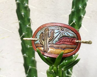 Leather Hair Barrette with Stick, Leather Hair Clip with Hammered Brass Hair Stick, Desert Landscape, Leather Hair Slide, Tooled Leather