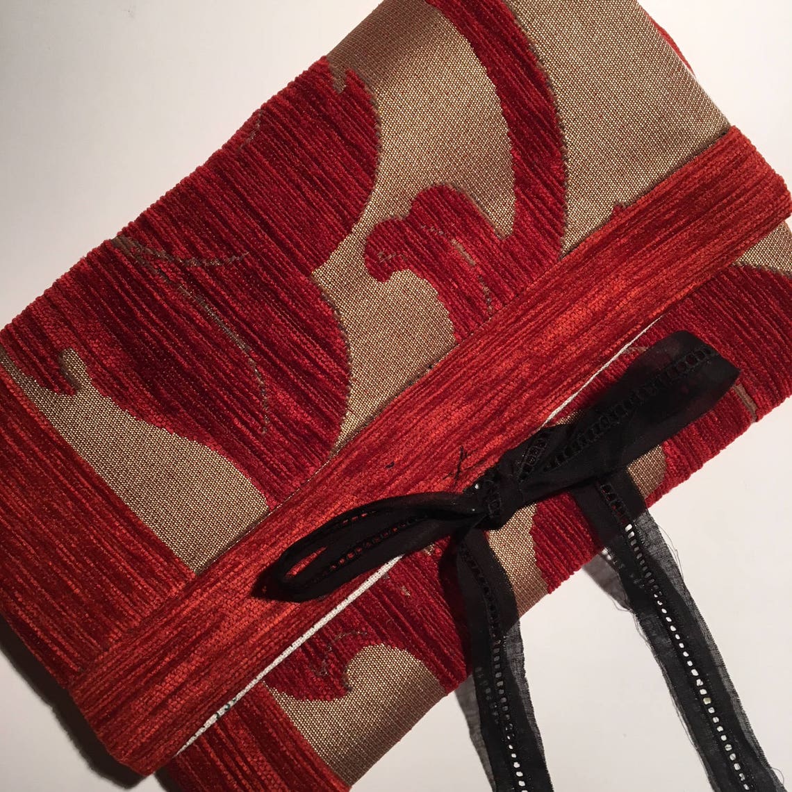 Red Velvet damask upholstery fabric pouch Etsy