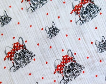 Muslin Bulldog (15.90EUR/meter), dog fabric, double gauze, white, black, red dots, Hilde