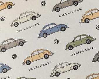 Deko Stoff VW Käfer (15.90EUR/m), Original VW Stoff, Oldtimer, Lizenzstoff, Halb Panama, Leinenoptik, bunte Autos