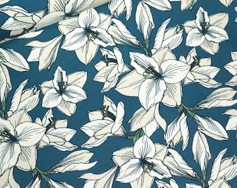 Flower fabric lilies (17.50EUR/meter), jersey flowers, blue, cream, fabrics for women