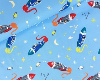 Kinderstoff Weltraum (17.50EUR/m), Weltall Stoff hellblau, Jersey Stoff Junge, Retro Raumschiff