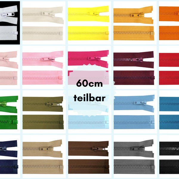 Divisible zipper 60 cm, jacket zipper 5 mm, colored zipper, choice of colors