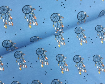 Jersey fabric dream catcher (17.50EUR/meter) blue, cotton jersey feathers, flowers, sold by the meter blue patterned