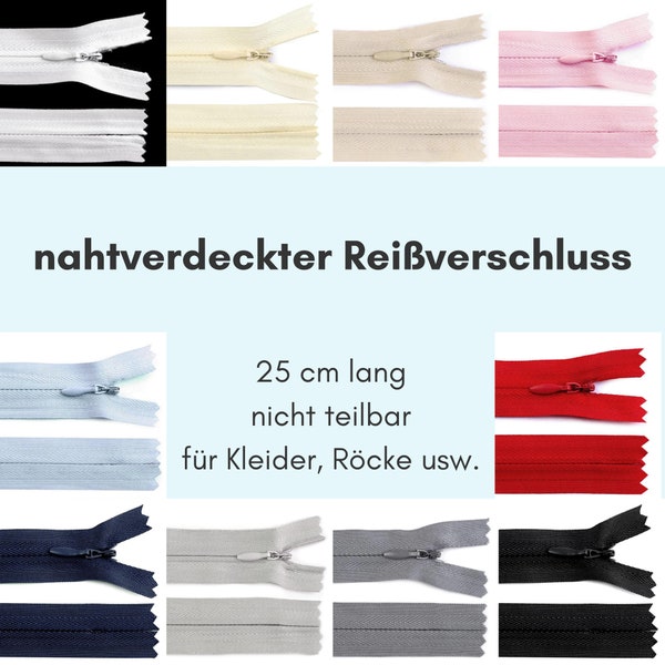 nahtverdeckter Reißverschluss, 25cm, nicht teilbar, für Kleider, Röcke, Kissen, 3mm Spiral Reißverschluss verdeckt, Farbwahl