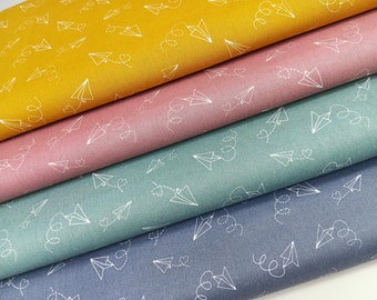 Fabric paper plane (14.90EUR/meter), cotton fabric by the meter, cotton print, airplane, heart, woven fabric, mustard, old pink, dark mint, blue