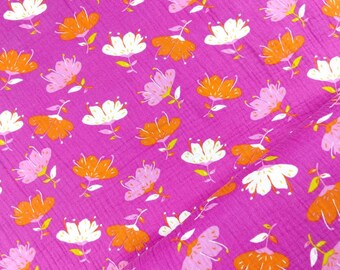 Musselin mit Blumen (14.90EUR/m), Double Gauze Blüten, Musselin Stoff pink Meterware