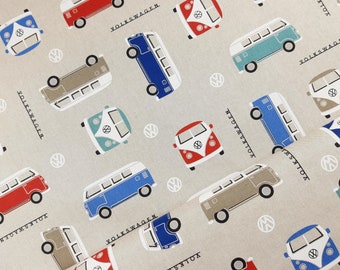 Decorative fabric VW Bulli (15.90EUR/meter), original VW bus fabric, licensed fabric, linen look, colorful Bullis, half Panama