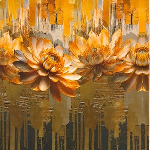 Könnte beinhalten: Ein abstraktes Blumendesign mit großen, gold-orangenen Blüten mit komplizierten Details. Der Hintergrund hat vertikale Pinselstriche in Gold- und Grautönen, die einen strukturierten Effekt erzeugen. Das Gesamtthema ist künstlerisch und dekorativ.