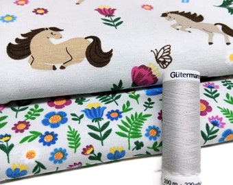 Jersey fabric package flowers and horses (17.50EUR/meter), sewing package girls, horse fabric light gray, floral fabrics for girls