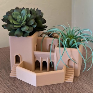 May include: A light pink ceramic planter shaped like a small house with multiple openings and a small ledge. The planter has two succulents growing inside, one with long, thin leaves and the other with round, green leaves.