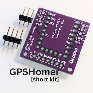 May include: A purple square printed circuit board labeled GPSHomer with RP2040/RP2350 and Mount this side text, featuring multiple pin holes and white labels. Two separate black plastic headers with four metal pins each are positioned to the left.