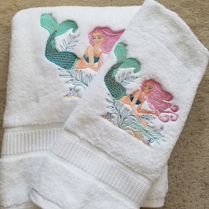 Mermaid and Vines on White Towel Set Etsy Ireland