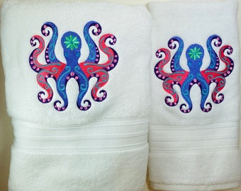 Caribbean Octopus on White Bath Towel Set