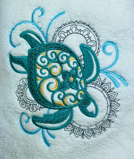 Turtle TORTUGA Colorful Water EMBROIDERED SET 2 BATHROOM HAND TOWEL By Laura Turtle TORTUGA Colorful Water EMBROIDERED SET 2 BATHROOM HAND TOWEL By Laura