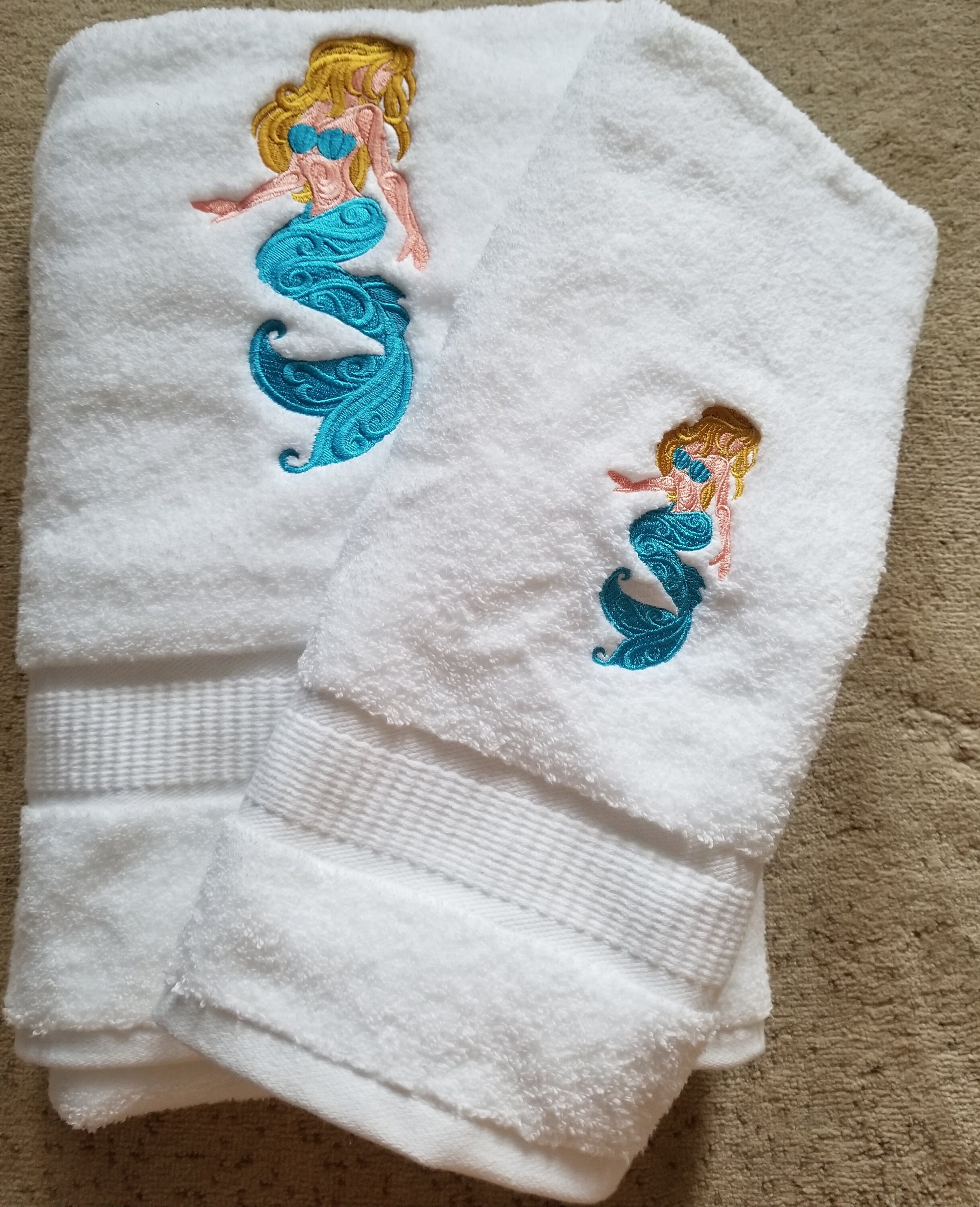 Mermaid With a Swirl on white towel set. Etsy