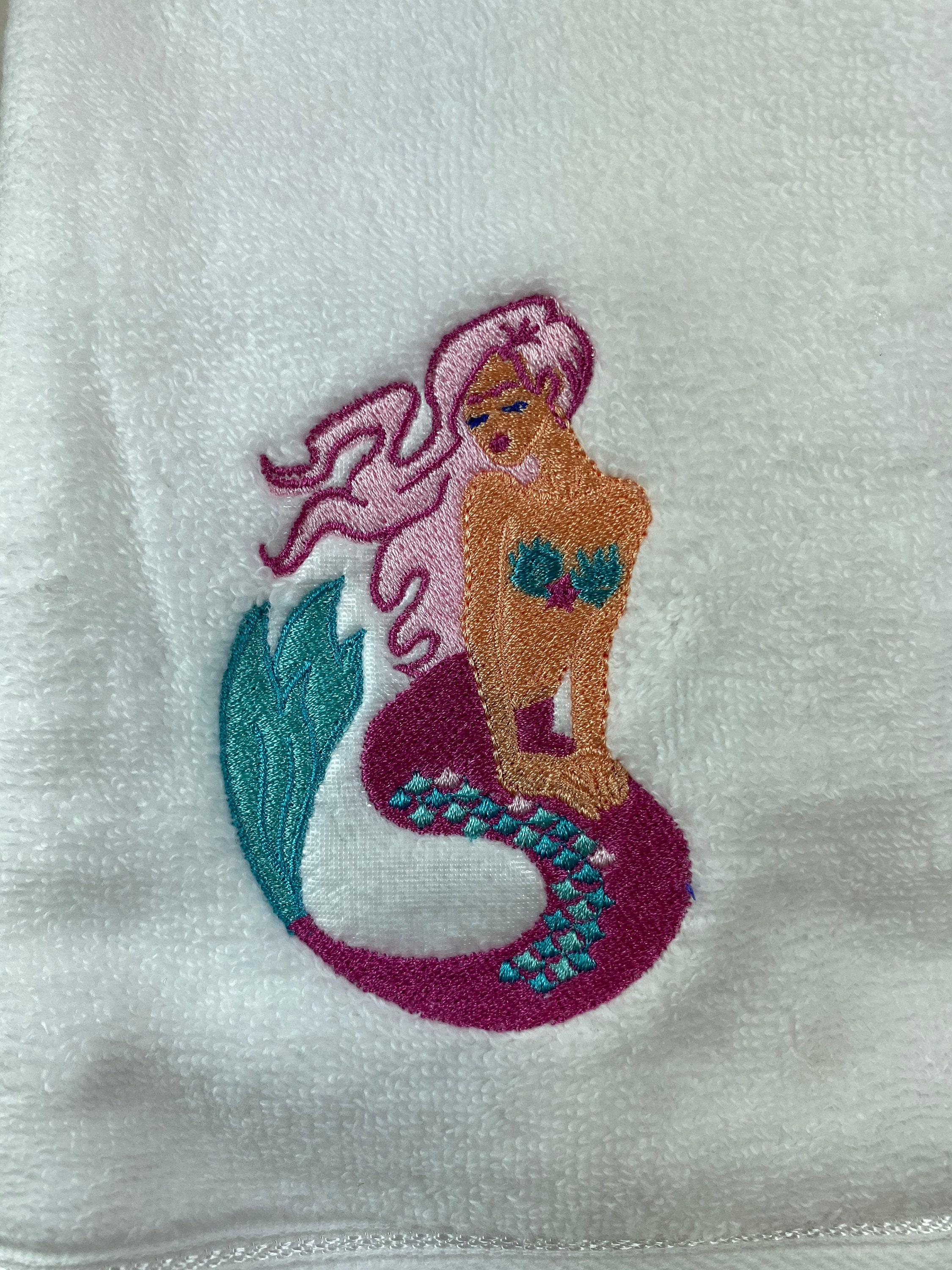 Floating Dark Pink Mermaid on White Towel Set Etsy