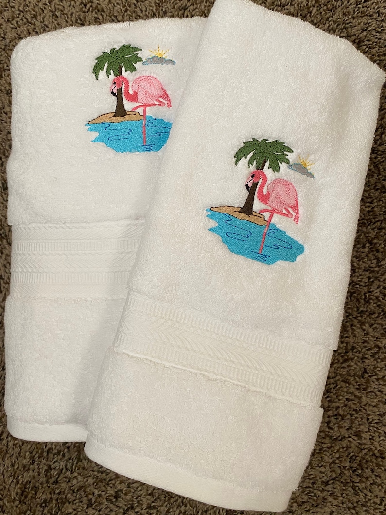 Pretty in Pink Flamingo Bath Towel Set Towel color is White Etsy