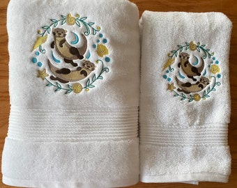 Playful  Otters Towel Set on White Towels