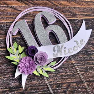 Sweet 16 Purple and Silver Floral Birthday Cake Topper / Custom Name Personalized Cake Decoration