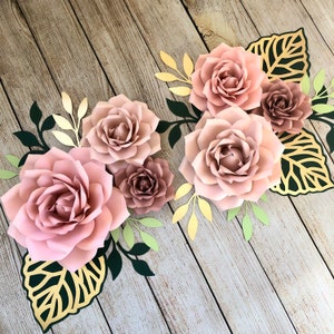 Large Paper Flowers Dusty Rose Mauve Pink Wall Decor - 6 piece set - Boho Flowers with Leaves - Pink Mauve and Gold Nursery Roses Backdrop