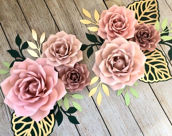 Large Paper Flowers Dusty Rose Mauve Pink Wall Decor - 6 piece set - Boho Flowers with Leaves - Pink Mauve and Gold Nursery Roses Backdrop