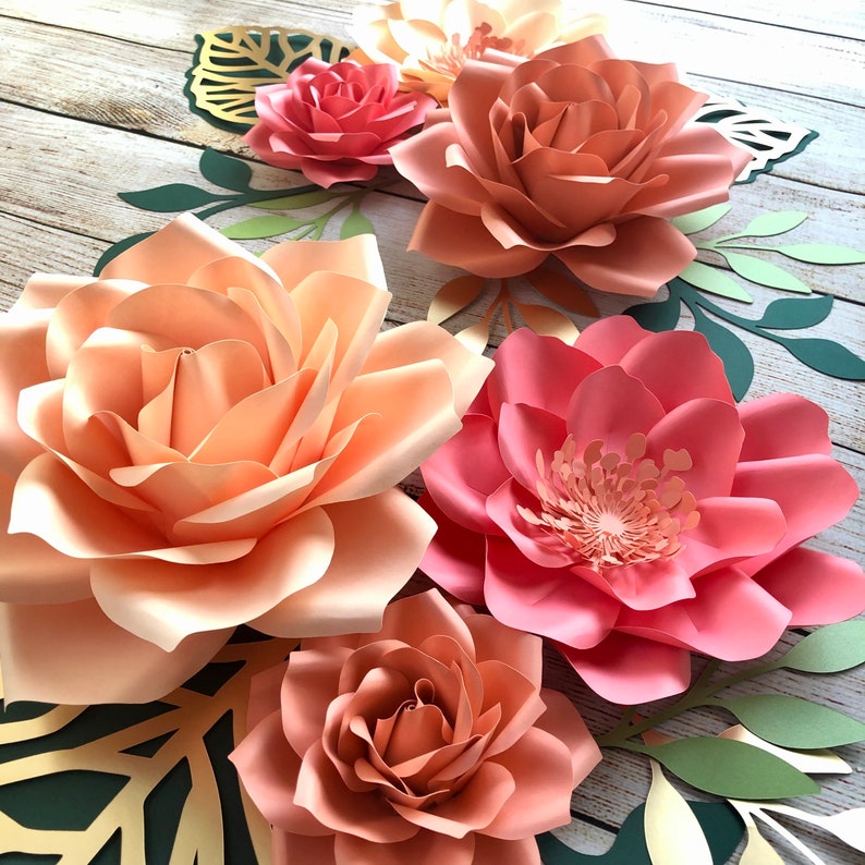 Coral Peach Large Paper Roses Flowers Wall Decor - 6 Piece Set - Boho ...