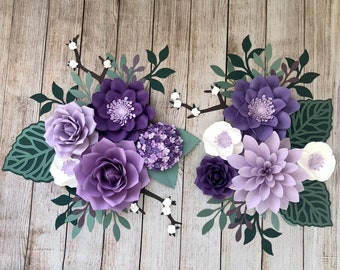 Boho Purple Lavender Paper Flowers Wall Decor - 10 piece set - Boho Flowers with Leaves - Boho Purple Florals Nursery Backdrop