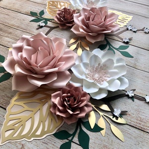 Blush Pink Dusty Rose Mauve Large Paper Flowers Wall Decor - 6 piece set - Boho Nursery Roses with Gold Leaves - Nursery Wall Decor Backdrop