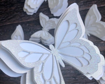 3D White Glitter Butterflies - set of 6 / Butterflies Wall Decor / 3D Paper Butterflies Table Decoration / Paper Flower Set add-on