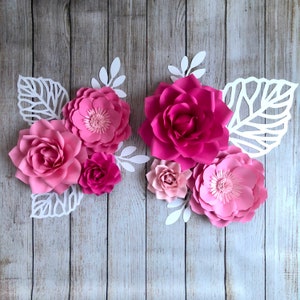 Pink Paper Flowers Wall Decor - 6 piece set - Pink Giant Flowers with White Leaves - Pink Nursery Flowers Backdrop