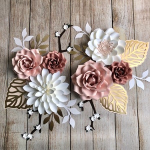 Blush Pink White Dusty Rose Large Paper Flowers Wall Decor - 6 piece set - Boho Nursery Roses with Gold Leaves - Nursery Wall Decor Backdrop