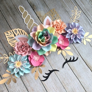 Unicorn Rainbow Paper Flowers Backdrop Wall Decor - 7 piece set - Unicorn Baby Nursery Decor - Unicorn 1st Birthday Decorations